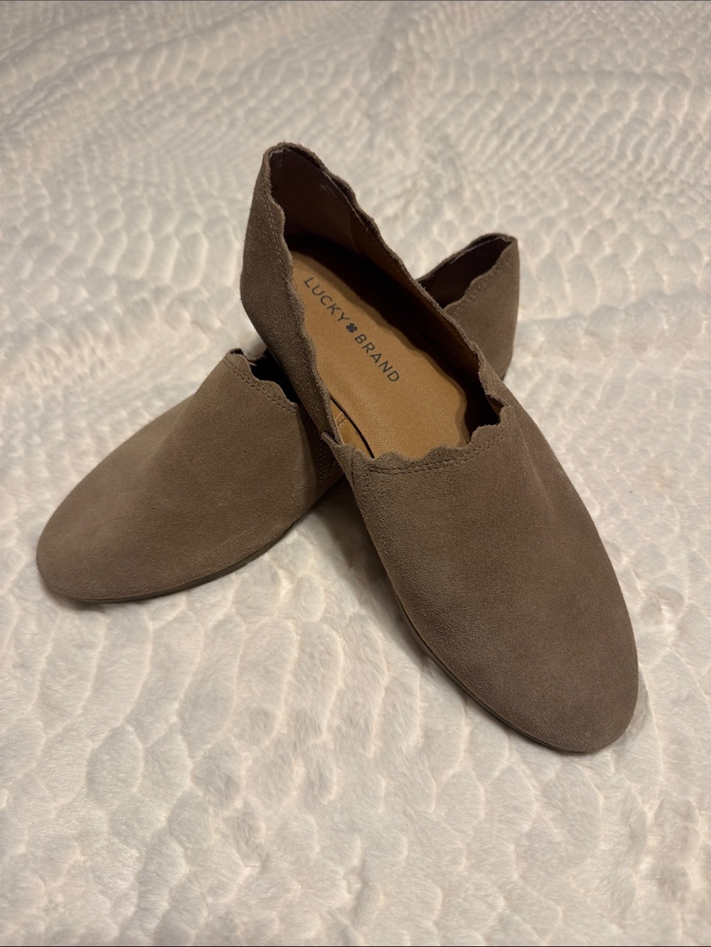 Lucky Brand Taupe Scalloped Suede Slip-On Flats